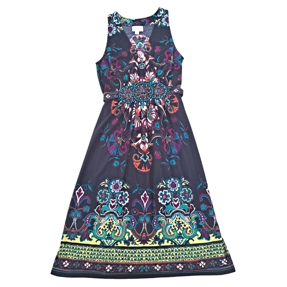 ECI New York Black Floral Bohemian Boho Beaded Sleeveless Shift Dress sz8 - Picture 3 of 9